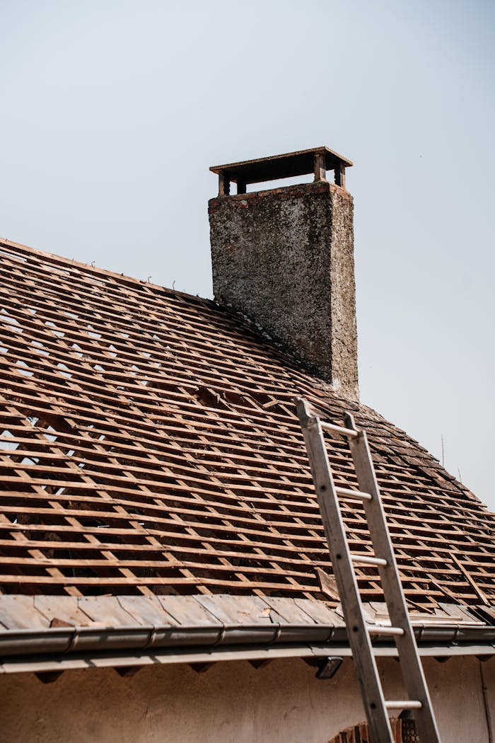 A traditional rooftop under renovation with visible chimney and ladder.